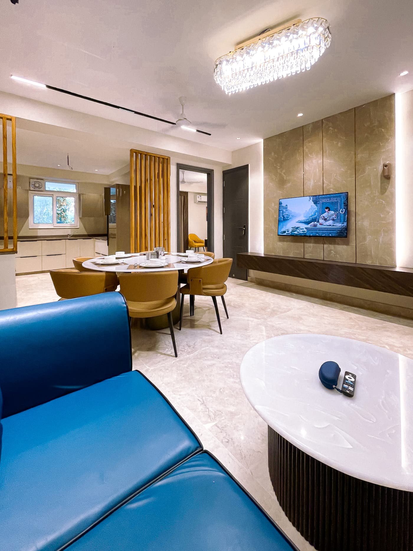 Open living and dining space with bespoke furniture