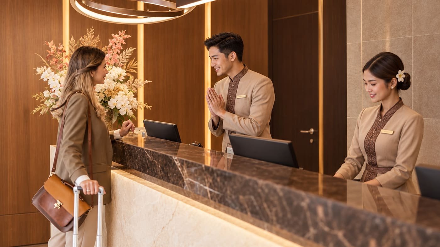Ikor front-desk team greeting a guest at check-in