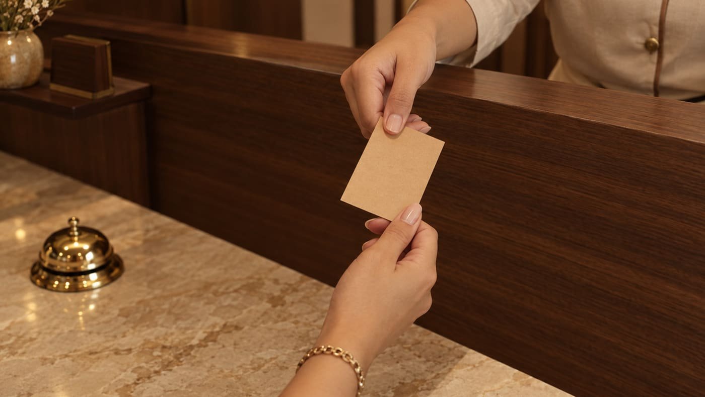 A room keycard being handed across a hotel reception desk