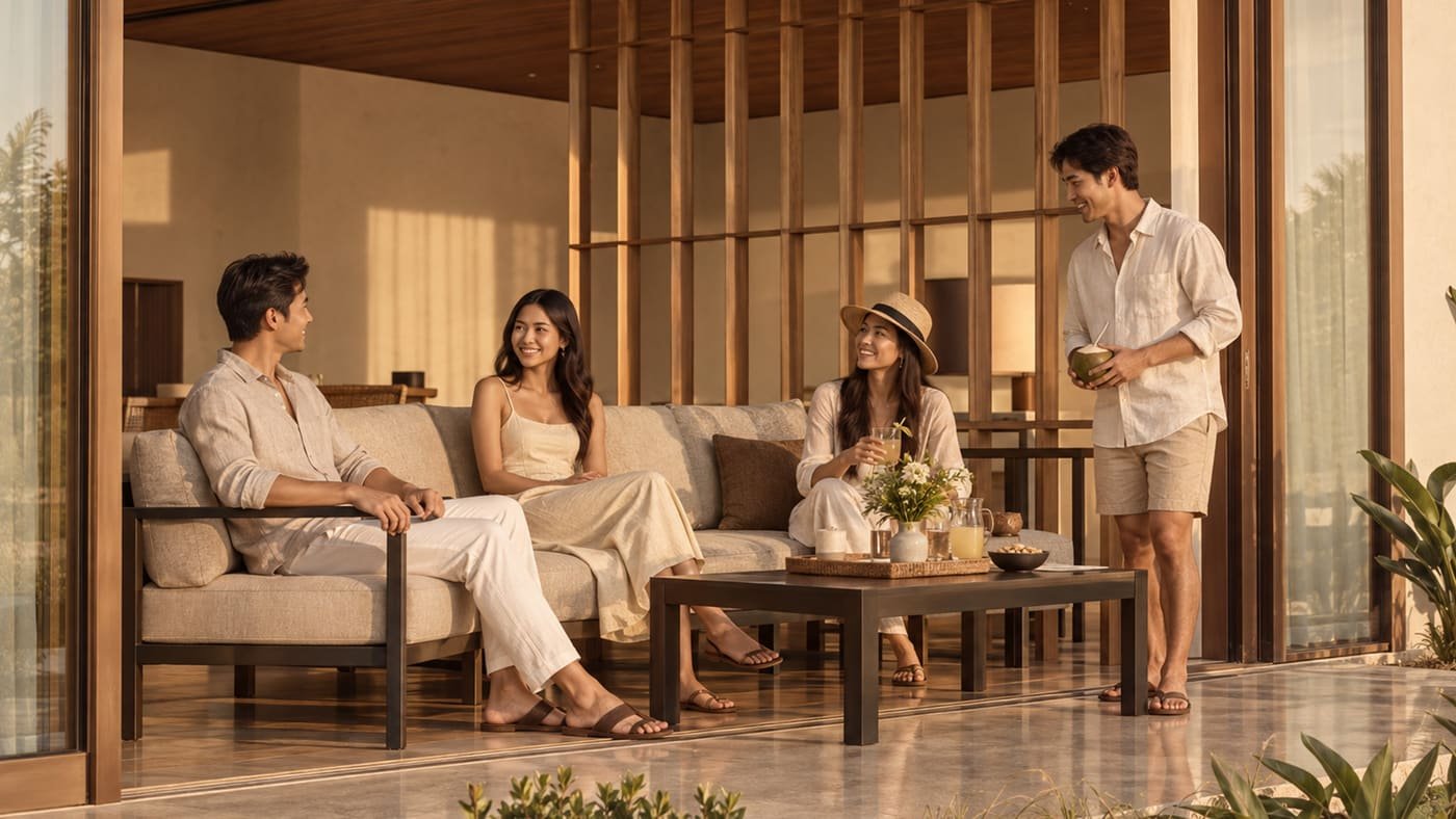 Guests relaxing on the terrace of an Ikor-managed villa